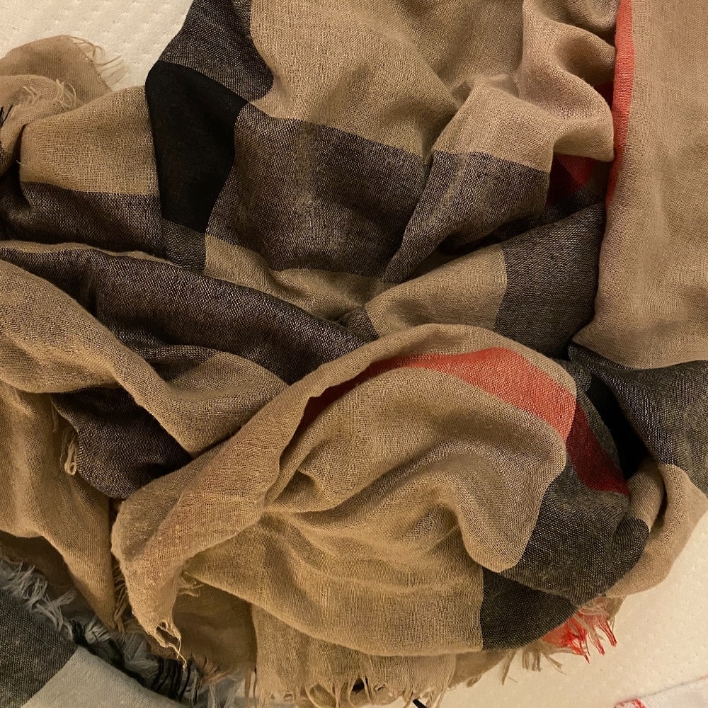 Oversized square beige tartan plaid scarf